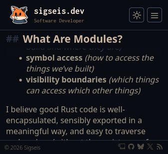 screenshot of the mobile version of this website showing the sticky heading sections
